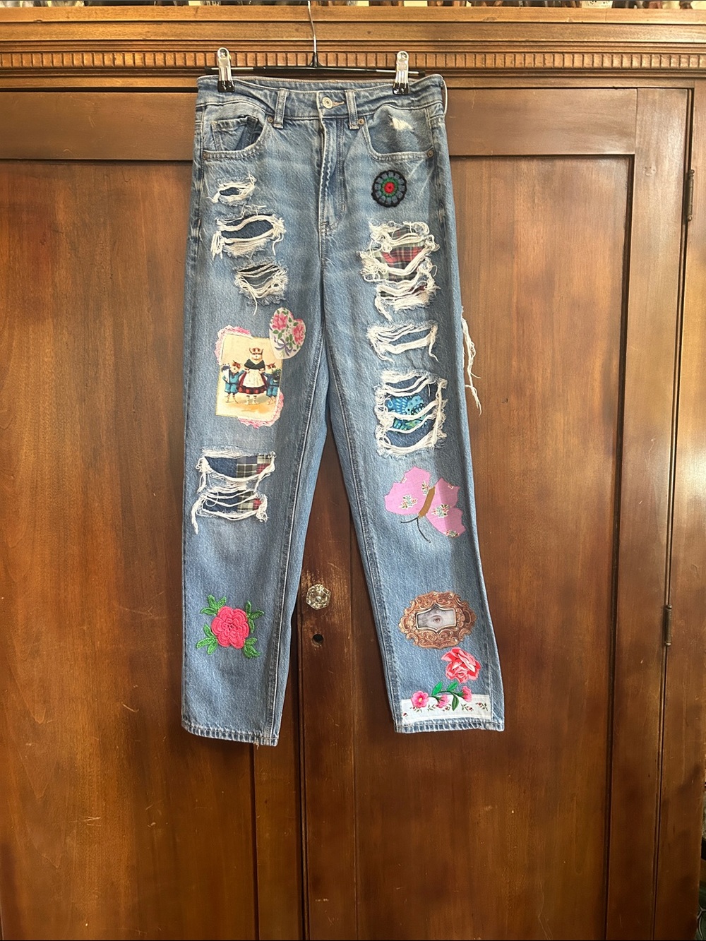Upcycled Distressed Patchwork Blue Jeans with Embroidered Accents S